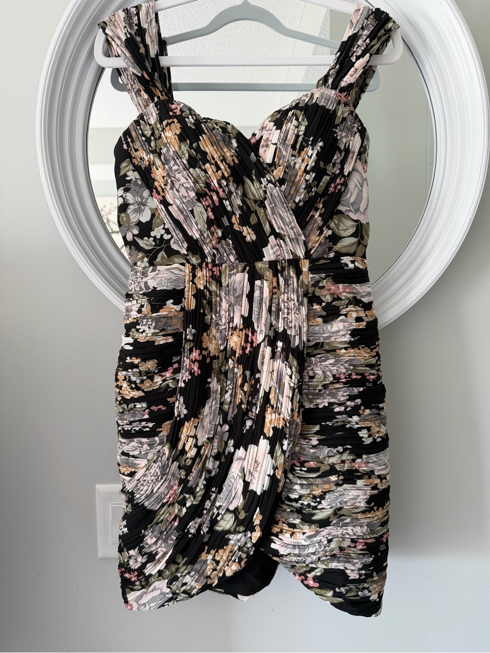 Lavish Alice Black Floral Pleated Wrap Mini Dress with Pink and Olive Accents